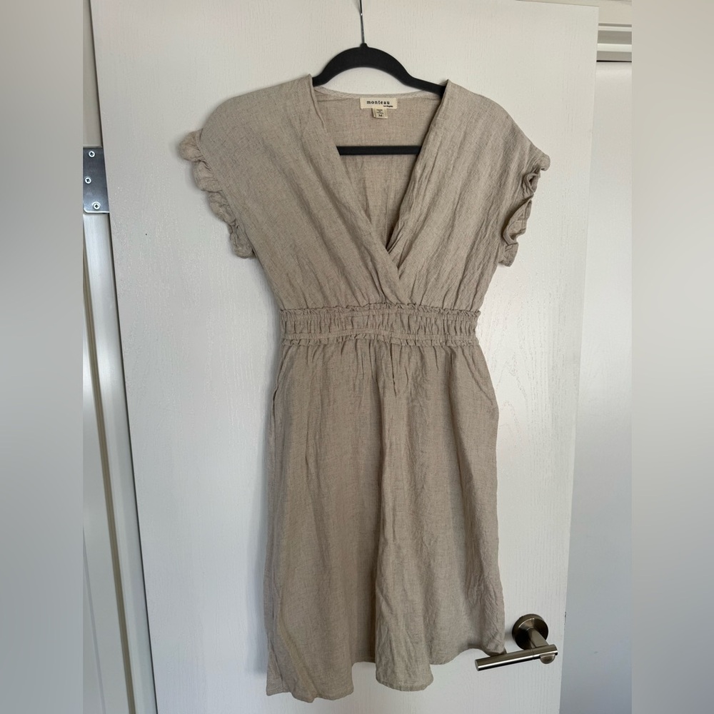 Linen V Neck Ruffle Dress - Picture 2 of 4